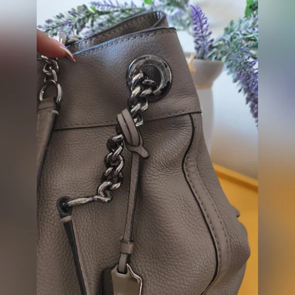 Coach Taupe Grey Madison Phoebe Pebbled Leather Chain Large Shoulder Bag - Picture 11 of 14